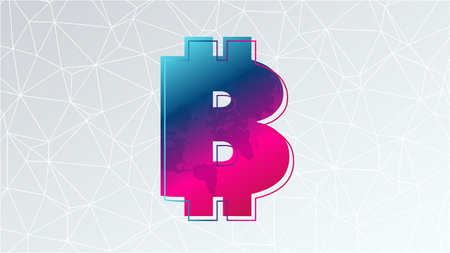 Bitcoin blue pink gradient sign. Gray triangle vector pattern. Blockchain technology, crypto currency symbol. Virtual money icon for business, finance, digital global trade, payment, worldwide, exchangeのイラスト素材