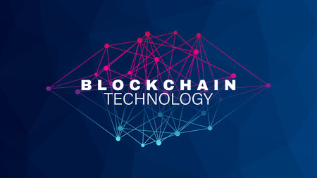 Blockchain technology. Network vector background. Abstract triangle magenta blue gradient pattern. Decentralization. Design elementのイラスト素材