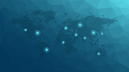 World map dotted with pointers. Blue gradient polygonal pattern. Vector background for web design, illustration, template, sample, infographics, global business, travelのイラスト素材