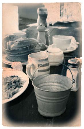 grungy breakfast image with vignette and vintage finishの写真素材