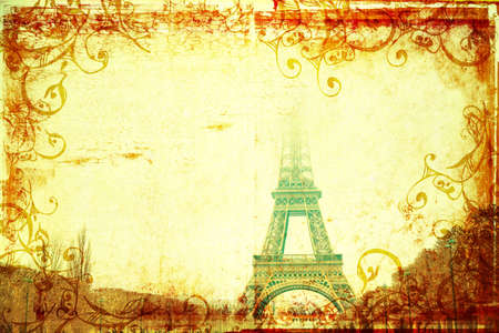 Eiffel Tower with top hiding in clouds view from Champs-de-Mars, winter, Paris, France on grunge background designed by meの写真素材