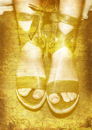 beautiful green fashion shoes on grunge background with wood texture and swirl designsの写真素材