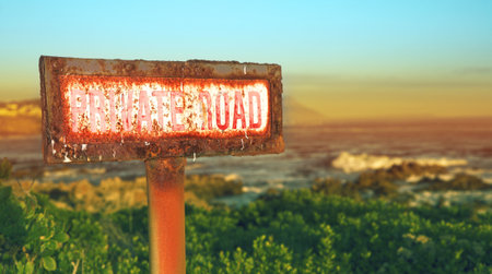 Grunge Private Property rusted sign on evening wild beach backgroundの写真素材