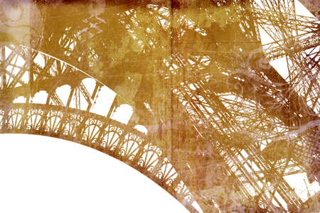 Grunge Eiffel Tower structure silhouette on painted paper texture with stains and spots の写真素材