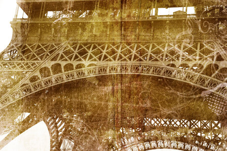 Grunge Eiffel Tower structure silhouette on painted paper texture with stains and spots の写真素材