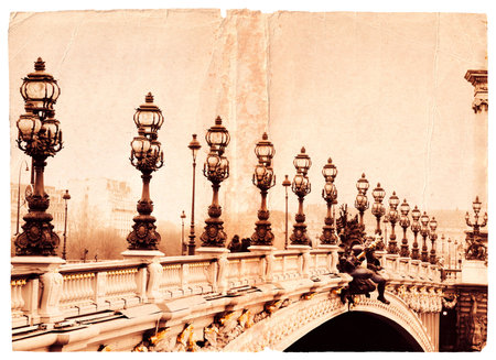 Grunge page illustration with bridge in Parisの写真素材