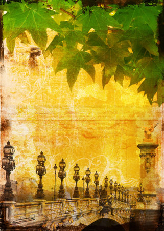 Grunge bridge in Paris with row of lamps and green leaf textureの写真素材