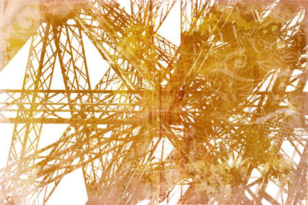 Grunge Eiffel Tower structure silhouette on painted paper texture with stains and spots の写真素材