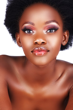 beautiful African woman with long false eyelashes and natural make-upの写真素材