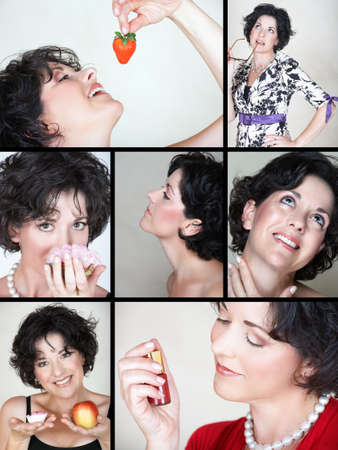 lifestyle collage of beautiful woman in early 40s with food and cosmetics elementsの写真素材