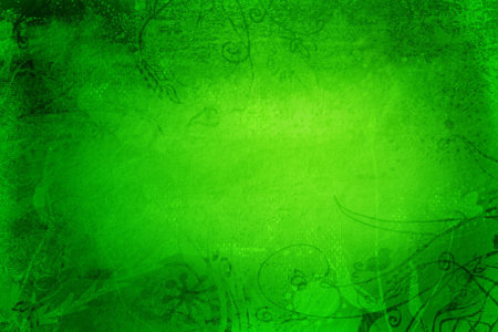 Grunge green page with grubby painted texture and hand-drawn illustrationsの写真素材