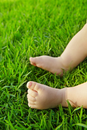Little baby feet on fresh green grass outdoors.の写真素材