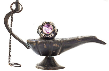 Turkish Ottoman silver and gold vintage ring with amethyst on antique oil lamp.