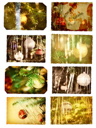 vintage postcards with christmas trees and glass balls in gold, red and silverの写真素材