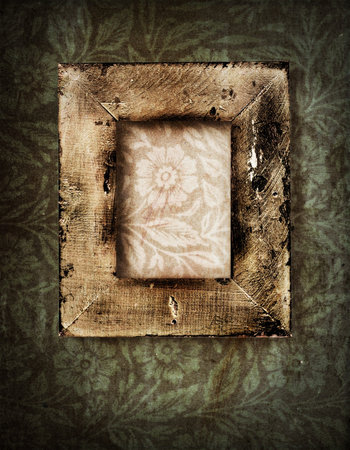 grunge photographic frame with wood finish on vintage flower wallpaperの写真素材