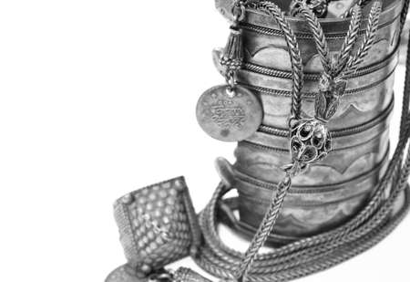 antique Turkish silver bracelet and necklace with an old coin attached.の写真素材
