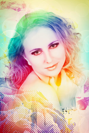 beautiful woman with curly hair on rainbow background with halftone pattern and bokeh