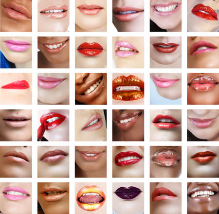 collection of 36 lips closeups with different colour lipstick on women from African, Indian and Caucasian background.の写真素材