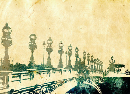 grunge postcard with ink illustration of a bridge in Paris France with copy space.の写真素材