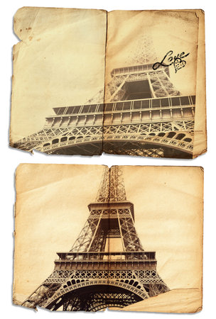 vintage photo of symbol of love Eiffel Tower on grunge pages of an antique journal with copy space,の写真素材