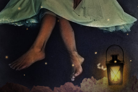 illustration of a secret night dream - woman sitting on garden wall, barefoot in wedding white dress and a lantern with night butterflies.の写真素材