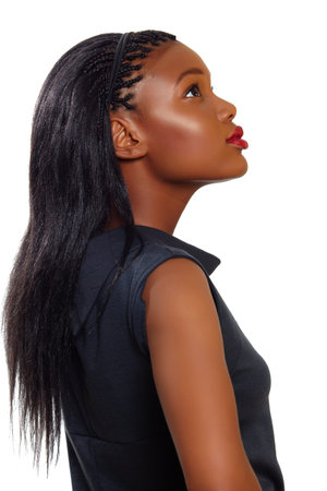 African American business woman looking up in profile over white background
