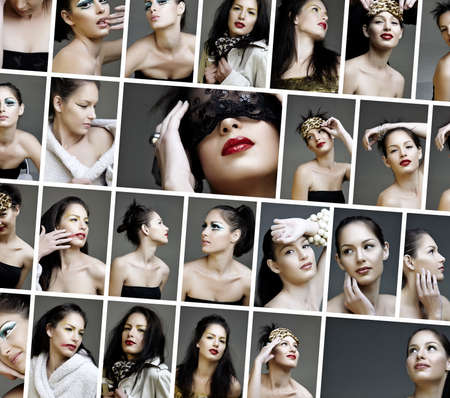 variety collage of fashion and make-up pictures of a beautiful young woman wearing from dramatic to natural make-up.の写真素材