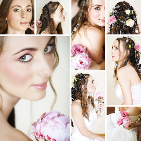 collage of a beautiful bride getting ready on her wedding day by doing make-up and hairstyling.の写真素材