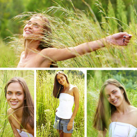 collage of a beautiful young brunette woman in tall green grass in summer meadow .の写真素材