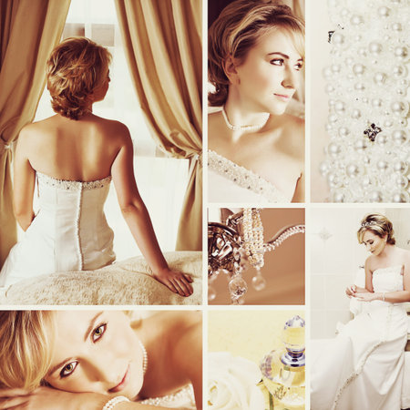 Collage of beautiful blonde bride with short hair wearing a white satin wedding gown with embroidery.の写真素材