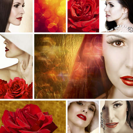 Collage of beautiful brunette woman with white necklace and soft smile. With red roses and bokeh effect background.の写真素材