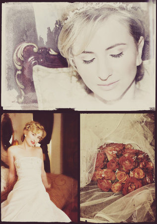 Collage of beautiful blonde bride with short hair wearing a white satin wedding dress with pearl embroideryの写真素材