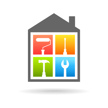 House maintenance and improvement logo with different work tools. Paint roller, screwdriver, hammer and wrench icons.のイラスト素材