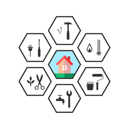 House and work tool icons in line art as repair conceptのイラスト素材