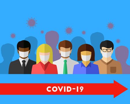 Spreading COVID-19 and coronavirus concept. The virus spreads in a crowd and leads to infection, but the people who wear a face mask avoid it. Vector illustration in flat design.のイラスト素材