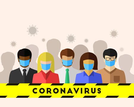 Coronavirus and COVID-19 as an epidemic concept with an ethnically diverse group of people. Every person wears a face mask for safety and protection. Vector illustration with copy space.のイラスト素材