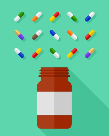 Pill bottle and an assortment of multicolor pills and capsules beautifully arranged on a green background. Medicine and medication concept in flat design.のイラスト素材