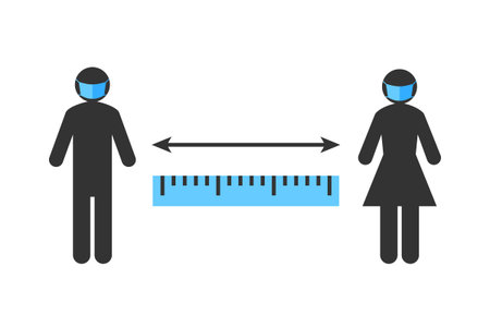 Social distancing sign. Stick figure people with face masks and ruler displaying the correct...