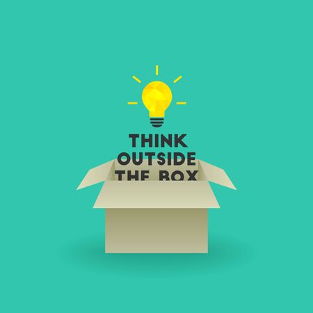 Think outside the box concept with bright lightbulb and text emerging out of cardboard boxのイラスト素材