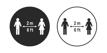 Social distancing sign in circle shape. Stick figure people keeping a 2 meter or 6 feet distance. Circular icon, vector illustration and pictogram isolated on white background.のイラスト素材