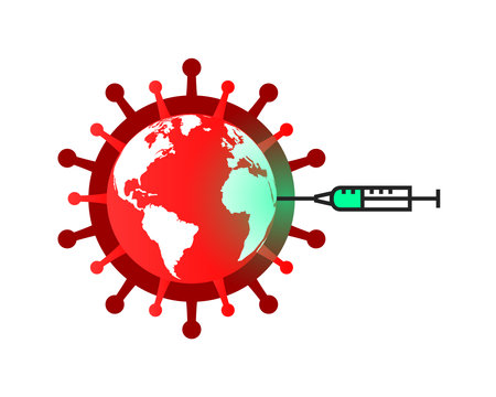 Global pandemic and vaccination concept. Globe as coronavirus and COVID-19 symbol, syringe injecting vaccine into the earth.のイラスト素材