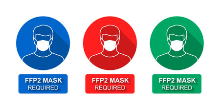 Person wearing FFP2 face mask as a sign, icon or sticker concept in flat design with long shadow, isolated on white backgroundのイラスト素材