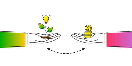 Innovation and investment concept. Hand holding light bulb as business idea symbol and other offering money. Startup, smart investing, funding, budget and success concept.のイラスト素材