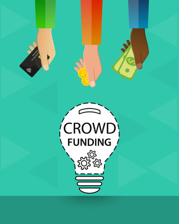 Light bulb as idea symbol and hand holding credit card, coin and banknote as crowdfunding conceptのイラスト素材