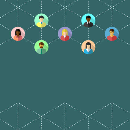 Diverse people connected by dotted lines. Business or social networking, communication, connection and diversity concept. Flat design with copy space.のイラスト素材