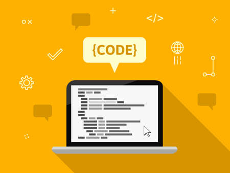 Programming concept with notebook, code and icons in flat designのイラスト素材