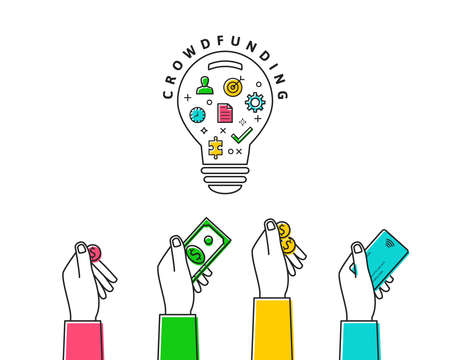 Crowdfunding. Light bulb with related icons as idea, innovation or startup concept. Crowd funding the project with money. Vector illustration in line art isolated on white background.のイラスト素材