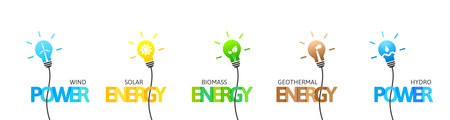 Renewable, alternative and clean energy. Solar, wind, hydro, biomass and geothermal power. Lettering design, set isolated on white background.のイラスト素材