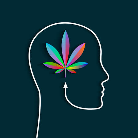 Cannabis leaf or marijuana plant with human head silhouette as drug concept. Weed leaf in colorful abstract design.のイラスト素材