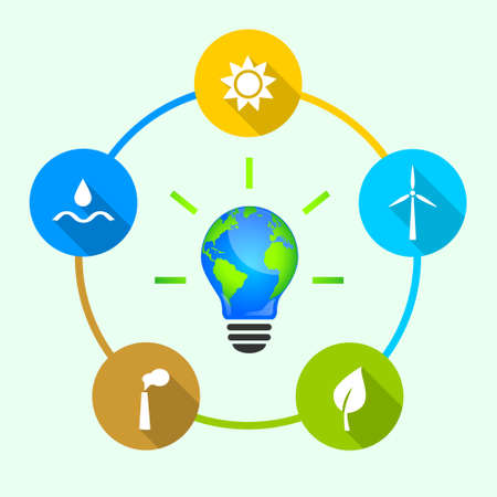 Renewable energy and electricity sources concept with light bulb made of Earth. Solar, wind, hydro, biomass and geothermal power.のイラスト素材